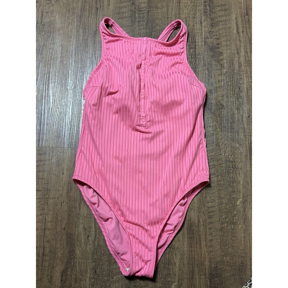 Shade & Shore Pink Ribbed One Piece Swimsuit Snap Front Removable Pads Size L 12
